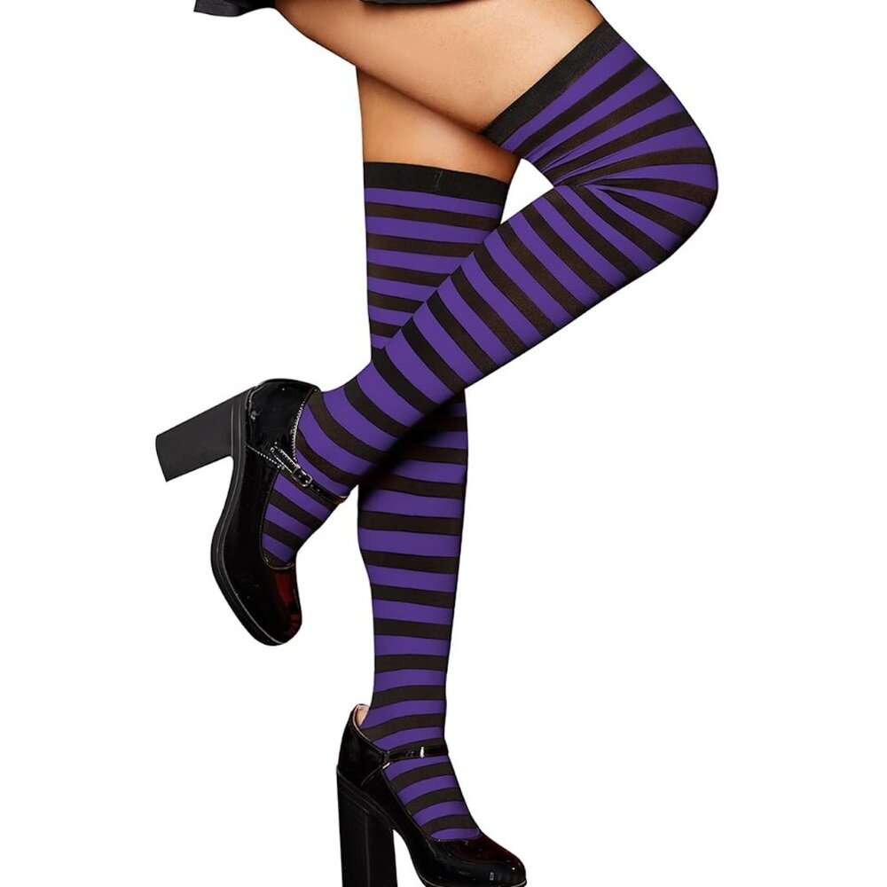 🍁 Black and Purple Striped Over the Knee Novelty Socks